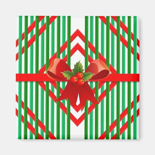 クリスマスレッドとグリーンのストライプの弓ギフトマグネット マグネット (正面)