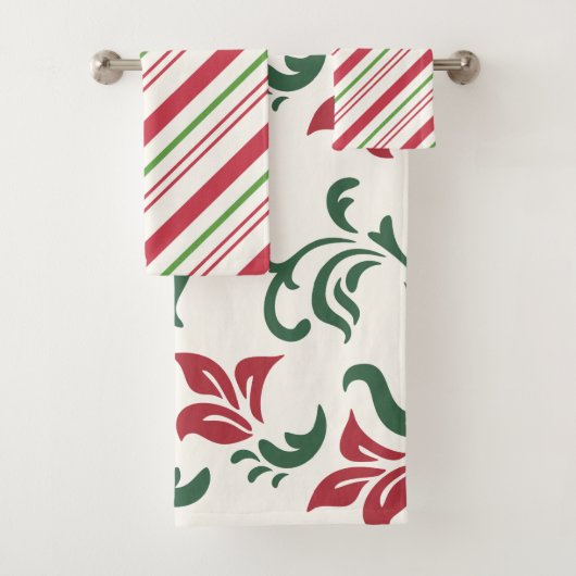 クリスマスレッドとグリーンのフローラとキャンディストライプー バスタオルセット (インサイチュ)