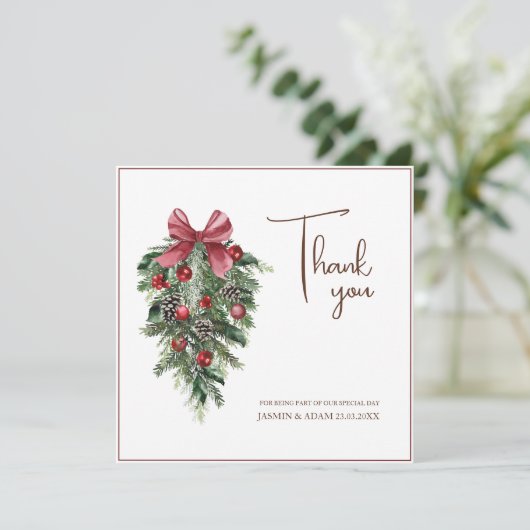 クリスマスレッドとグリーンの冬のフェスティバル結婚 サンキューカード (スタンド正面)