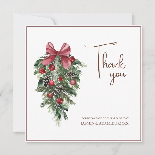 クリスマスレッドとグリーンの冬のフェスティバル結婚 サンキューカード (正面)