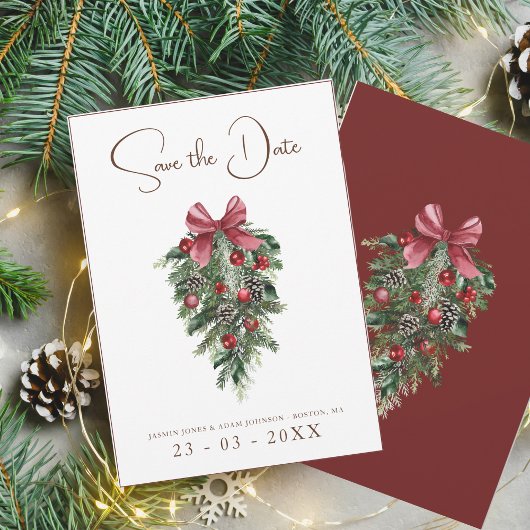 クリスマスレッドとグリーンの冬のフェスティバル結婚 セーブザデート