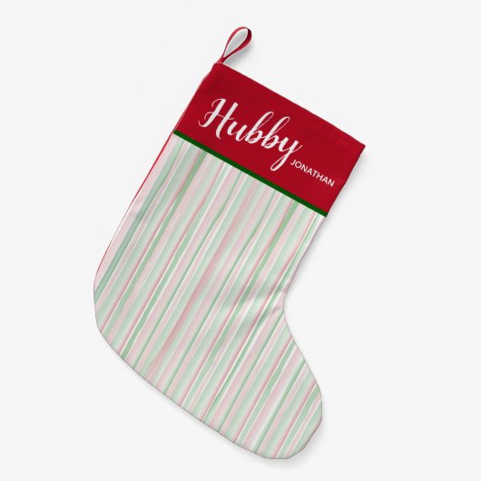 クリスマスレッドとグリーンウォーターの色ストライプのハビー スモールクリスマスストッキング (正面 (吊り時))