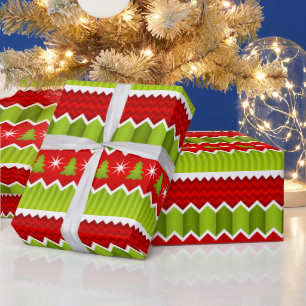 クリスマスレッドとグリーンシェブロンのストライプパターン ラッピングペーパー