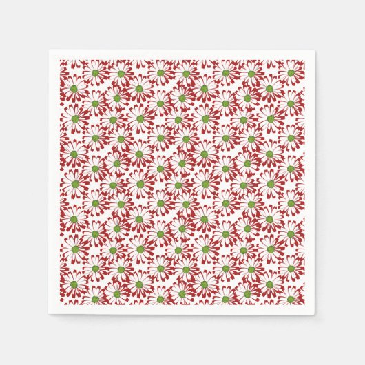 クリスマスレッドとグリーンデイジーフローラルパターン スタンダードカクテルナプキン (正面)