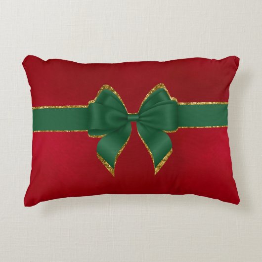 クリスマスレッドとグリーン&金ゴールドホリデーボウ アクセントクッション (正面)