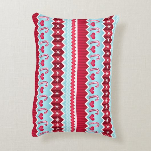 クリスマスレッドとブルーシェブロンストライプのパターン アクセントクッション (裏面(縦))