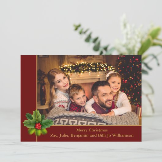 クリスマスレッドと金ゴールドフレームとホリー写真 シーズンカード (スタンド正面)