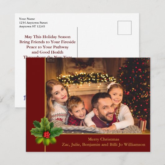 クリスマスレッドと金ゴールドフレームとホリー写真 ポストカード (正面/裏面)