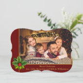 クリスマスレッドと金ゴールドフレームのホリーファンシー写真 シーズンカード (スタンド正面)