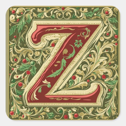クリスマスレッドと金ゴールドZ (緑のアクセント付) スクエアシール (正面)