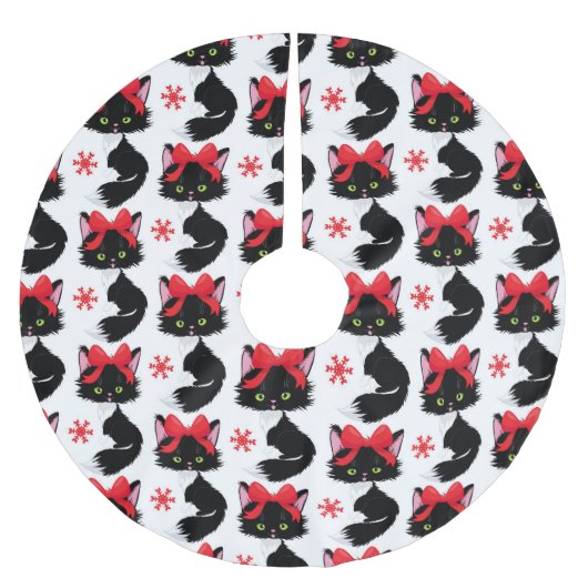 クリスマスレッドの弓を使ったかわいい黒猫 ブラッシュドポリエステルツリースカート (正面)