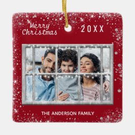 クリスマスレッドの白い家族の写真冬の窓 セラミックオーナメント
