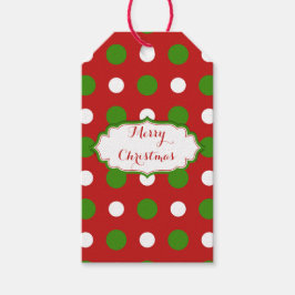 クリスマスレッドの緑と白の水玉模様 ギフトタグ