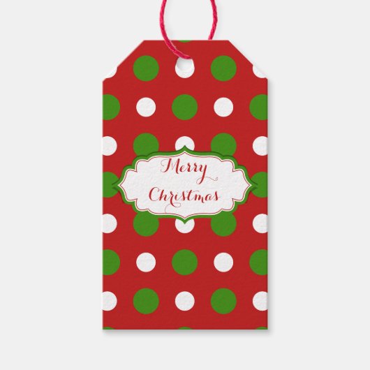 クリスマスレッドの緑と白の水玉模様 ギフトタグ (正面)