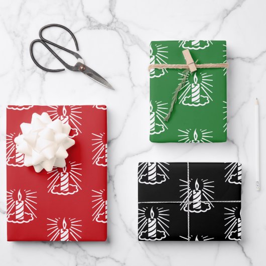 クリスマスレッドの緑の白黒のキャンドルパターン ラッピングペーパーシート (正面)