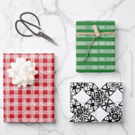 クリスマスレッドの緑の黒と白のレースパターン ラッピングペーパーシート