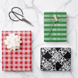 クリスマスレッドの緑の黒と白のレースパターン ラッピングペーパーシート