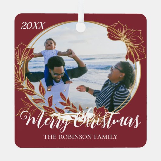 クリスマスレッドの葉額入りカスタムの家族の写真 メタルオーナメント (裏面)