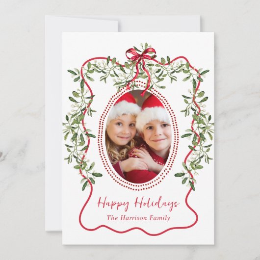 クリスマスレッドウェーブフレームボウ緑の写真 シーズンカード (正面)