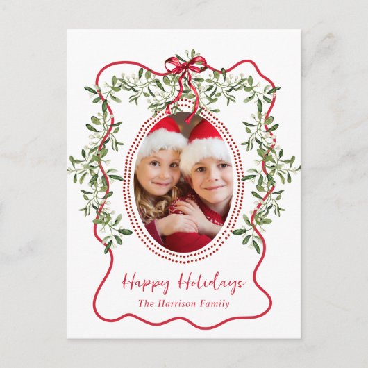 クリスマスレッドウェーブフレームボウ緑の写真 シーズンポストカード (正面)