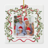 クリスマスレッドウェーブフレームボウ緑の写真 セラミックオーナメント (裏面)