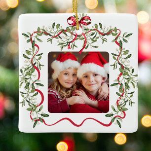 クリスマスレッドウェーブフレームボウ緑の写真 セラミックオーナメント