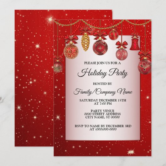 クリスマスレッドオーナメントホリデーズスパークルエレガント 招待状 (正面/裏面)