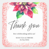 クリスマスレッドグリッターポインセチアありがとうござ結婚う スクエアシール (正面)