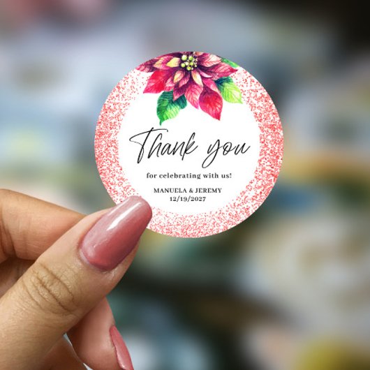 クリスマスレッドグリッターポインセチアありがとうござ結婚う ラウンドシール