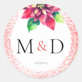 クリスマスレッドグリッターポインセチアイニシャル結婚ズ ラウンドシール (正面)