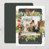 クリスマスレッドグリーンウィンターリーフ写真テンプレート シーズンカード (正面/裏面)