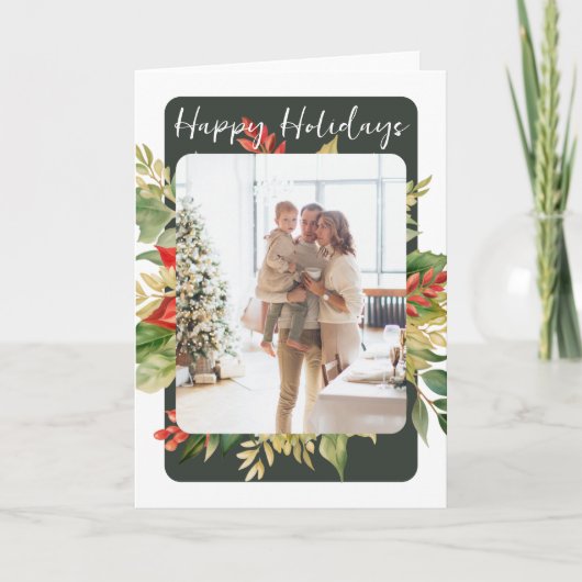 クリスマスレッドグリーンウィンターリーフ写真テンプレート シーズンカード (正面)