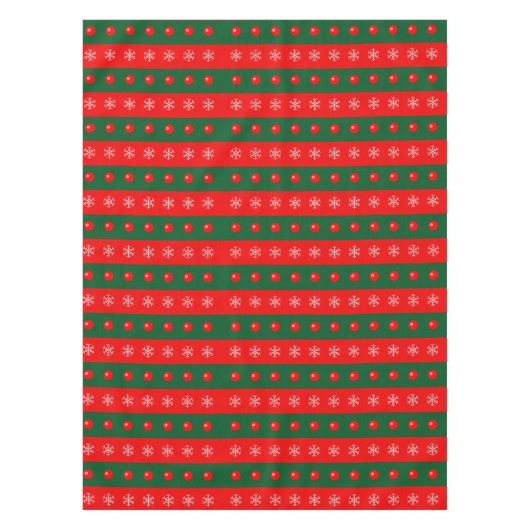 クリスマスレッドグリーンオーナメントススノーフレークスホリデー テーブルクロス (正面)