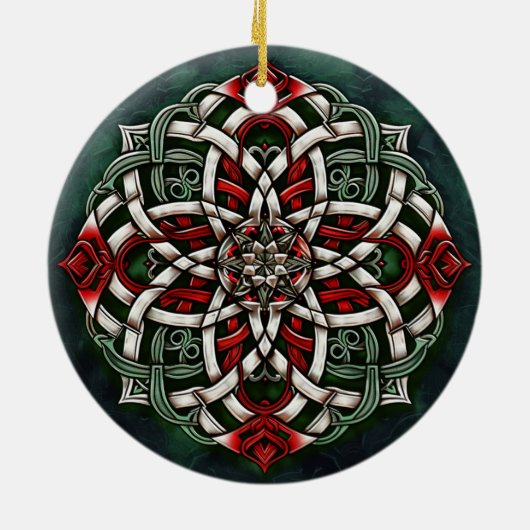 クリスマスレッドグリーンケルト結び目模様 セラミックオーナメント (裏面)