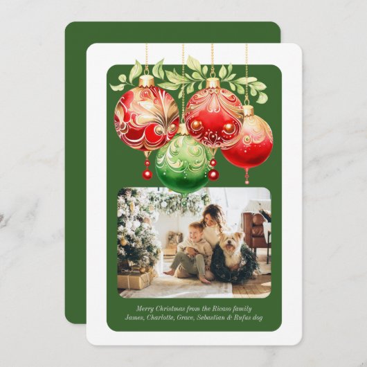 クリスマスレッドグリーンバウブル写真テンプレート シーズンカード (正面/裏面)