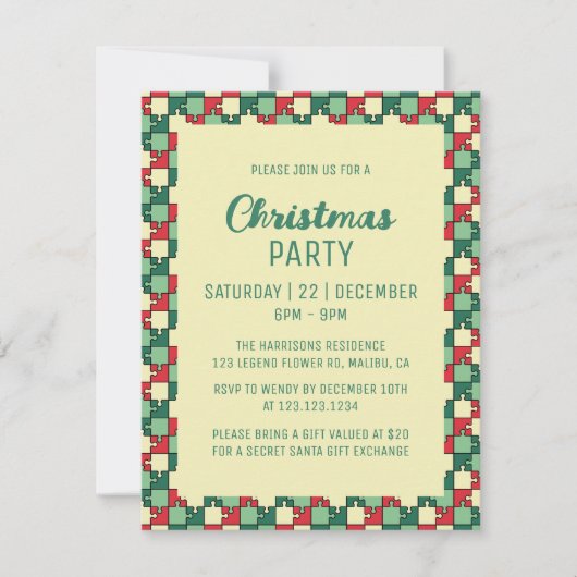 クリスマスレッドグリーンパズルピース幾何学模様 招待状 (正面)