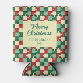 クリスマスレッドグリーンパズルピース幾何学模様 缶クーラー