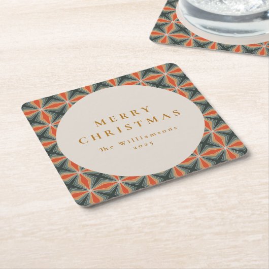 クリスマスレッドグリーンミッドセンチュリースターカスタムズ スクエアペーパーコースター (アングル)
