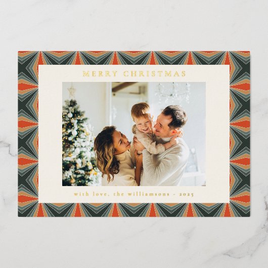 クリスマスレッドグリーンミッドセンチュリーレトロ写真金ゴールド 箔シーズンカード (正面)