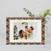 クリスマスレッドグリーンミッドセンチュリーレトロ写真金ゴールド 箔シーズンカード (立ち正面)