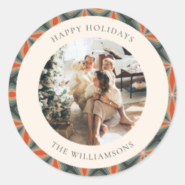 クリスマスレッドグリーンミッドセンチュリー幾何学写真 ラウンドシール