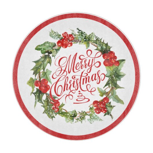 クリスマスレッドグリーンリースホリーアイビータイポグラフィ カッティングボード (正面)