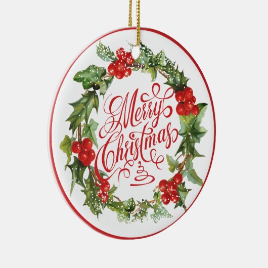 クリスマスレッドグリーンリースホリーアイビータイポグラフィ セラミックオーナメント (右)