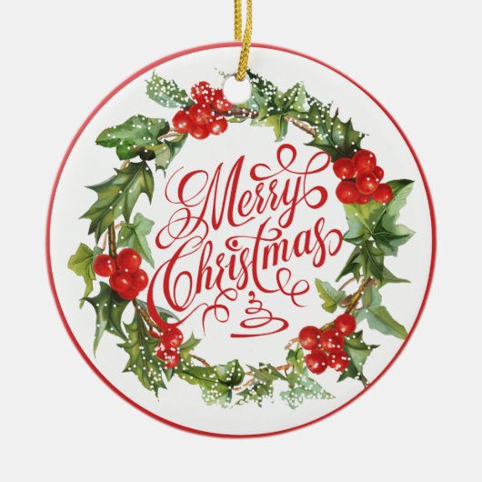 クリスマスレッドグリーンリースホリーアイビータイポグラフィ セラミックオーナメント (正面)
