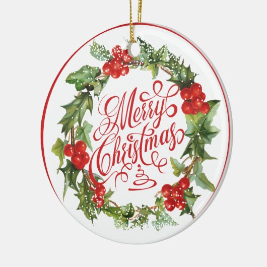 クリスマスレッドグリーンリースホリーアイビータイポグラフィ セラミックオーナメント (左)