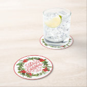 クリスマスレッドグリーンリースホリーアイビータイポグラフィ ラウンドペーパーコースター (インサイチュ)