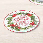 クリスマスレッドグリーンリースホリーアイビータイポグラフィ ラウンドペーパーコースター (アングル)