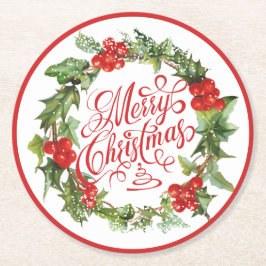 クリスマスレッドグリーンリースホリーアイビータイポグラフィ ラウンドペーパーコースター