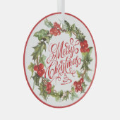 クリスマスレッドグリーンヴィンテージホリーアイビー書道 ガラスオーナメント (正面右)