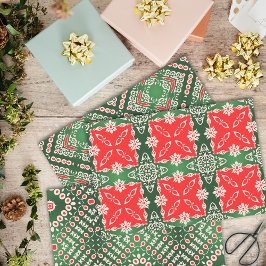 クリスマスレッドグリーン白ヴィンテージダマスクパターン ラッピングペーパーシート